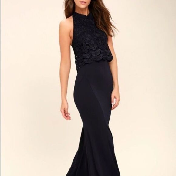 Lulus Sociable Navy Blue Lace Halter Maxi Long Dress Size XS High Neck Formal - Picture 10 of 11